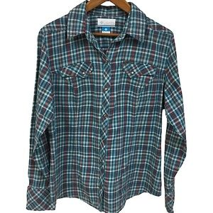 COLUMBIA sz Large Women’s Blouse Pearl Snap Long Sleeve Plaid Blue